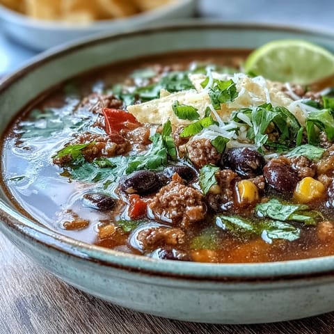 Hearty taco soup simmering with spices, garnished with melted cheese and crunchy tortilla chips.  