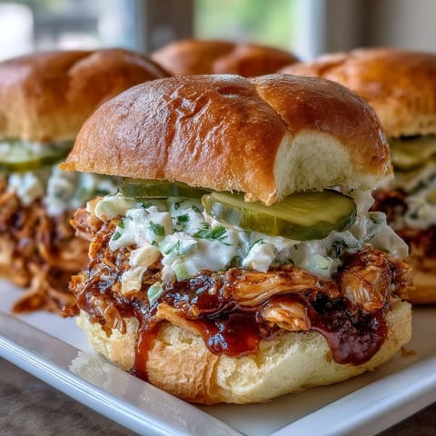 Tender shredded chicken simmered in smoky BBQ sauce, piled high on slider buns with crunchy coleslaw.  