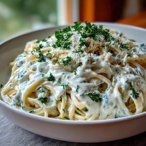 Creamy cottage cheese Alfredo sauce drizzled over fresh zucchini noodles, garnished with parsley and Parmesan.