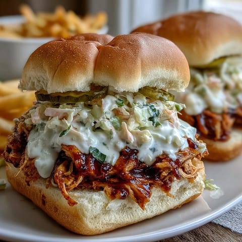 Crockpot Mississippi Chicken Sliders with Coleslaw, a slow-cooked comfort food delight, topped with tangy coleslaw on soft buns.  