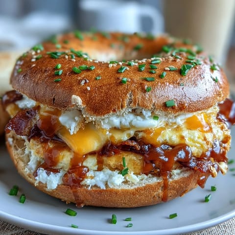 Protein bagels loaded with fluffy eggs and melted cheese, stacked high for a hearty meal prep breakfast sandwich.