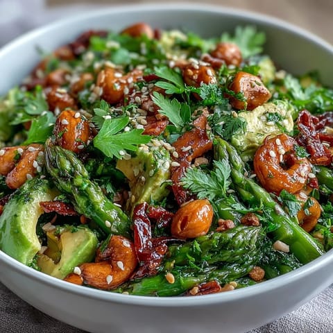 Close-up of vibrant celery and red bell pepper salad, topped with chopped peanuts and drizzled with soy ginger dressing.  