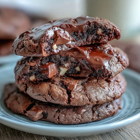 A close-up view of freshly baked dark chocolate and white chocolate chip cookies with a soft center and crispy edges.