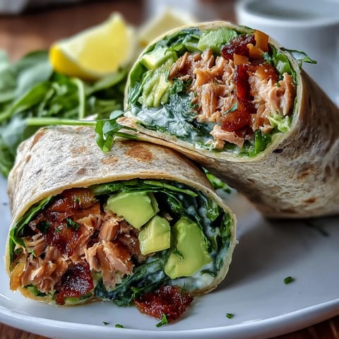 A vibrant plate of Healthy Easy 5-Ingredient Avocado Tuna Wraps, filled with creamy avocado, spinach, and tuna in whole wheat tortillas.