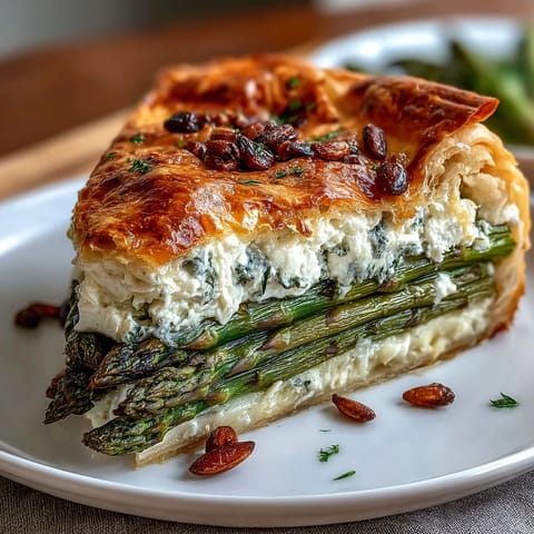 Golden Spring Asparagus Tart with Puff Pastry, a flaky vegetarian appetizer showcasing tender asparagus, creamy cheese, and fresh herbs—perfect for brunch or light dinner.