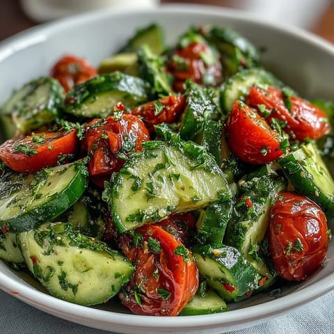 Bright, refreshing cucumber tomato avocado salad with zesty lemon dressing, perfect for a light summer meal.  