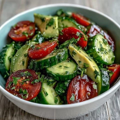 Fresh cucumber tomato avocado salad with lemon dressing, showcasing vibrant colors and creamy avocado chunks.  