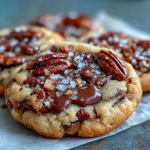A batch of golden brown butter pecan cookies with toasted nuts and flaky sea salt, perfect for dessert or snacking.