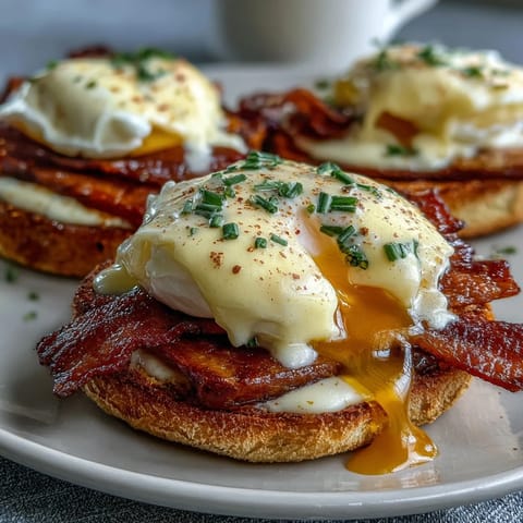 Classic Eggs Benedict with Hollandaise: Poached eggs and Canadian bacon atop toasted English muffins, drizzled with rich, velvety hollandaise sauce.