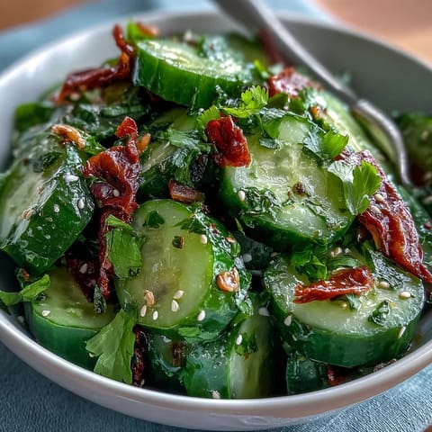 Crispy smashed cucumber salad tossed with spicy garlic chili oil and sesame dressing, perfect for a refreshing vegan side dish.  