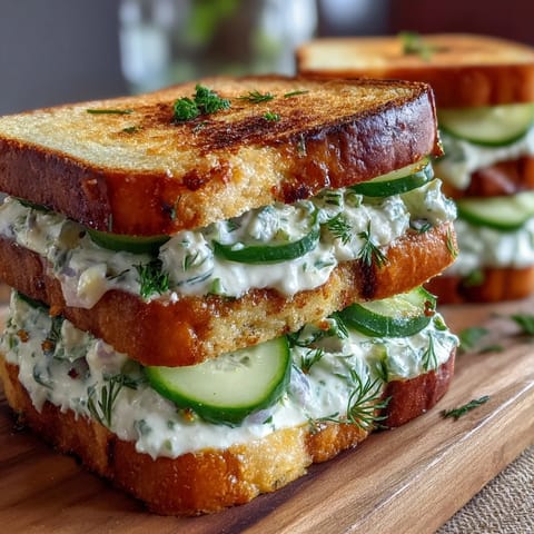 Light and creamy lemon butter spread on soft bread, layered with crisp cucumber and fresh herbs for a refined appetizer.
