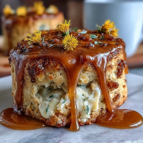 Golden scones studded with dandelion petals and drizzled with honey, served warm with a generous dollop of clotted cream.