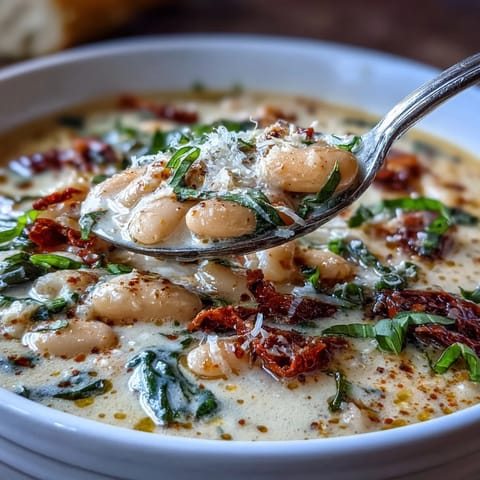 Hearty Tuscan white bean soup, creamy with spinach, served warm in a rustic bowl.