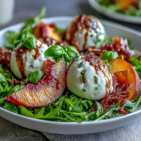 Ripe peaches, torn burrata, and prosciutto slices atop arugula, finished with olive oil and tangy balsamic glaze.