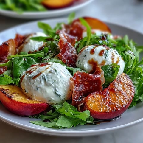 A vibrant summer salad with creamy burrata, juicy peaches, salty prosciutto, and fresh greens, drizzled with balsamic glaze.