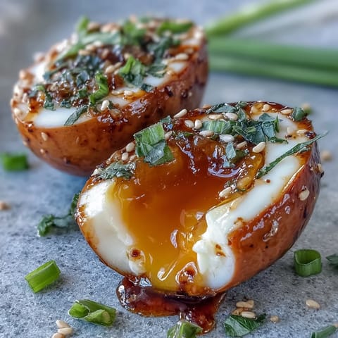 Golden-yolked spicy miso marinated eggs, ready to top your favorite ramen bowl.