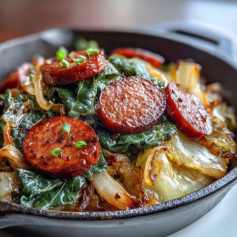 Hearty Cabbage and Sausage Skillet, a smoky, savory one-pan meal, perfectly browned.