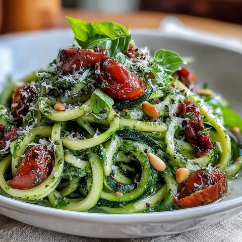 Vibrant zucchini noodles with raw pesto, bright cherry tomatoes, and fragrant basil.