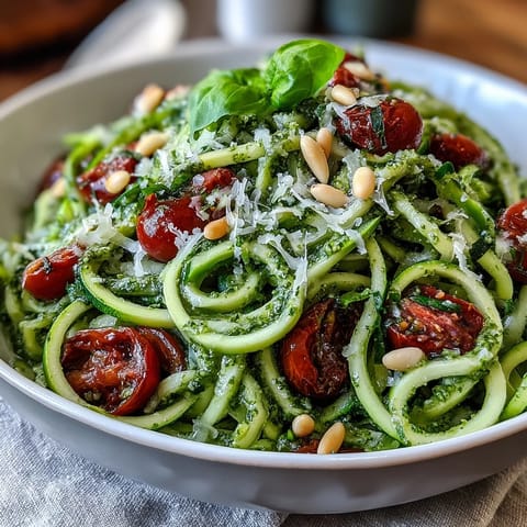 Fresh Zucchini Noodles with Raw Pesto, perfect for a light, healthy Italian-inspired lunch.