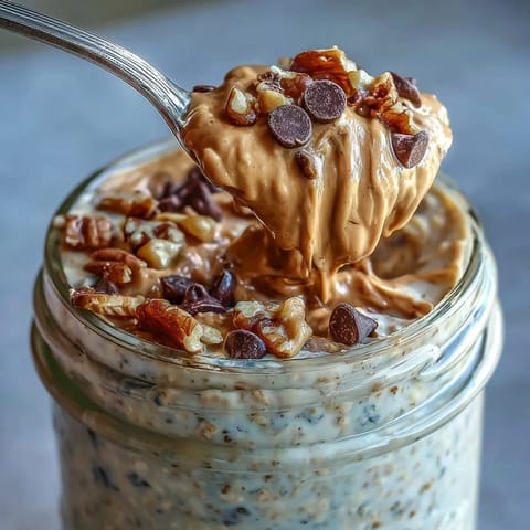Decadent Protein Cookie Dough Overnight Oats layered with chocolate chips, ready for breakfast.