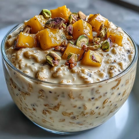 Creamy Mango Lassi Overnight Oats topped with fresh mango and pistachios.