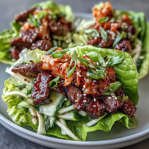 Juicy Korean BBQ beef nestled in crisp lettuce with spicy kimchi.