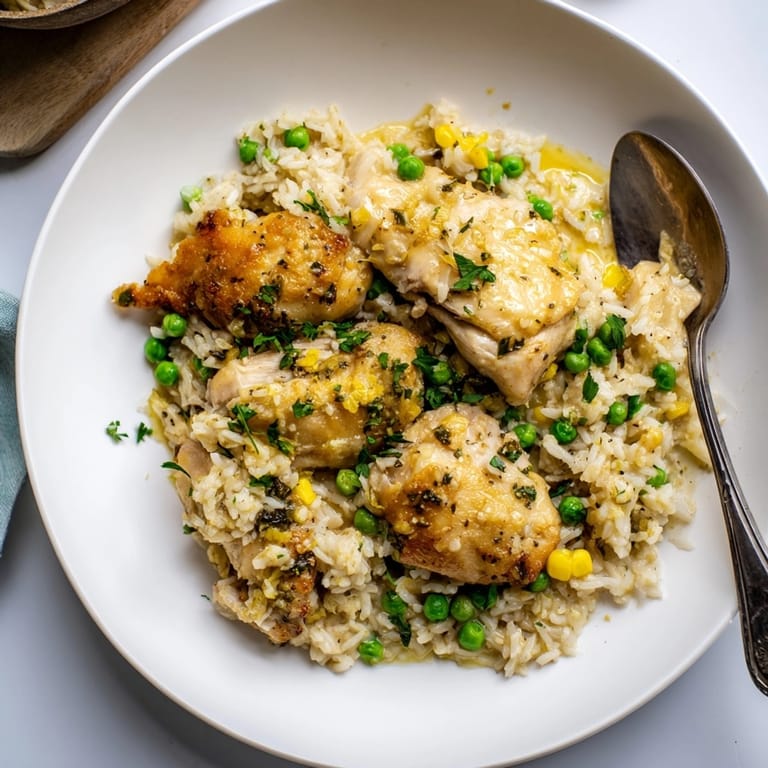 Golden chicken thighs atop creamy lemon rice with peas, highlighting One-Pot Creamy Lemon Chicken and Rice.