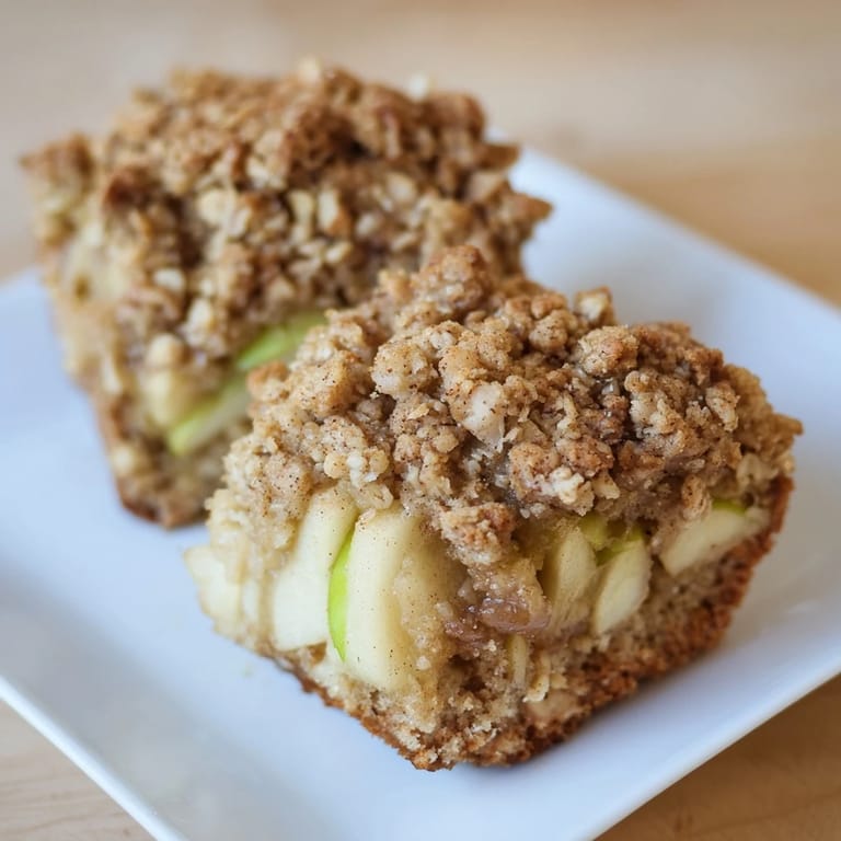 A close-up of Rustic Apple and Cinnamon Crumb Bake, showing a golden crumb crust and tender, spiced apples.