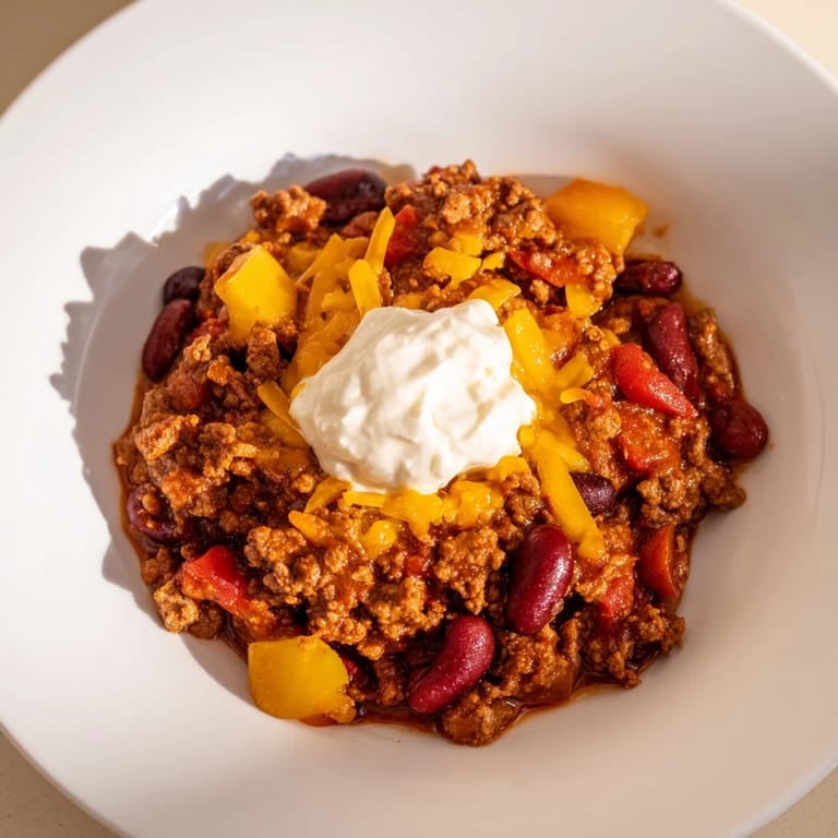 A close-up of a hearty Simple Weeknight Chili, perfect for a fast, delicious, homestyle dinner.