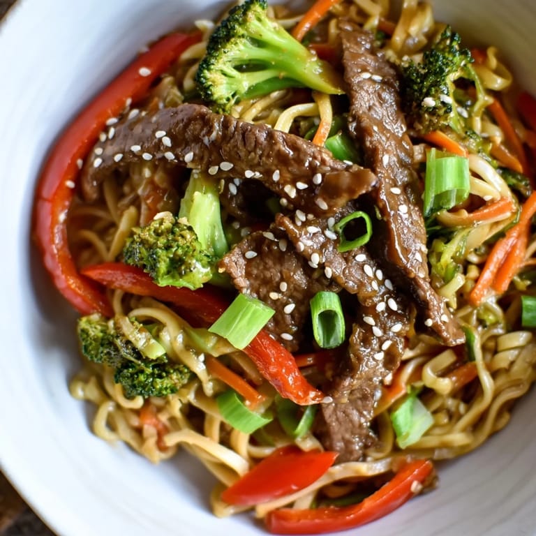 Savory Easy Beef Stir-Fry with Lo Mein Noodles: tender beef, vibrant vegetables, and flavorful sauce.