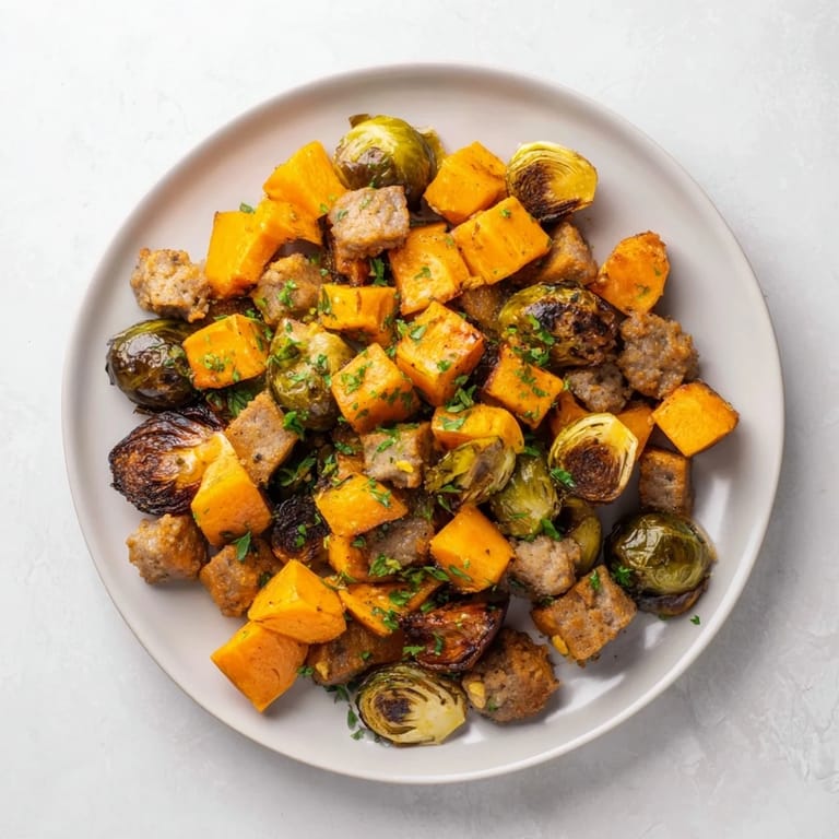 Savory Italian sausage and tender Sheet Pan Sausage, Sweet Potato, and Brussels Sprouts ready for a flavorful bite.