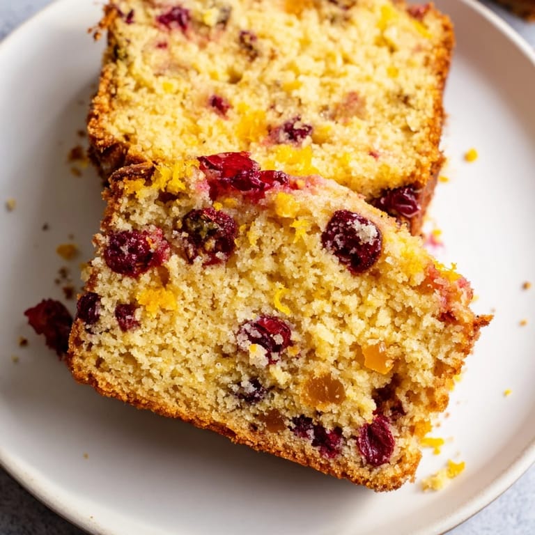Close-up of a rustic slice of Seasonal Cranberry and Orange Bread, ready to be enjoyed with coffee.
