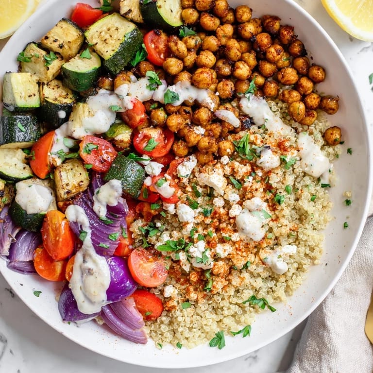 Freshly assembled Mediterranean Chickpea and Veggie Grain Bowl drizzled with creamy lemon-tahini dressing, ready to enjoy.