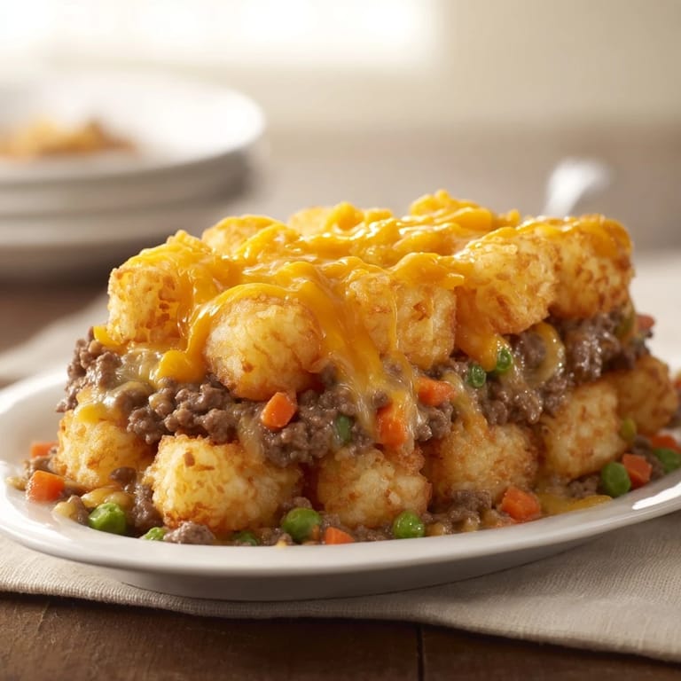 A steaming, cheesy Family Favorite Tater Tot Casserole with a creamy interior and crunchy tater tot topping.
