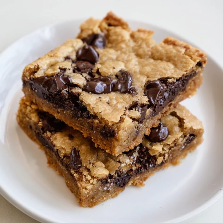 A close-up of baked chocolate chip cookie bars, showcasing rich, inviting textures and irresistible flavor.