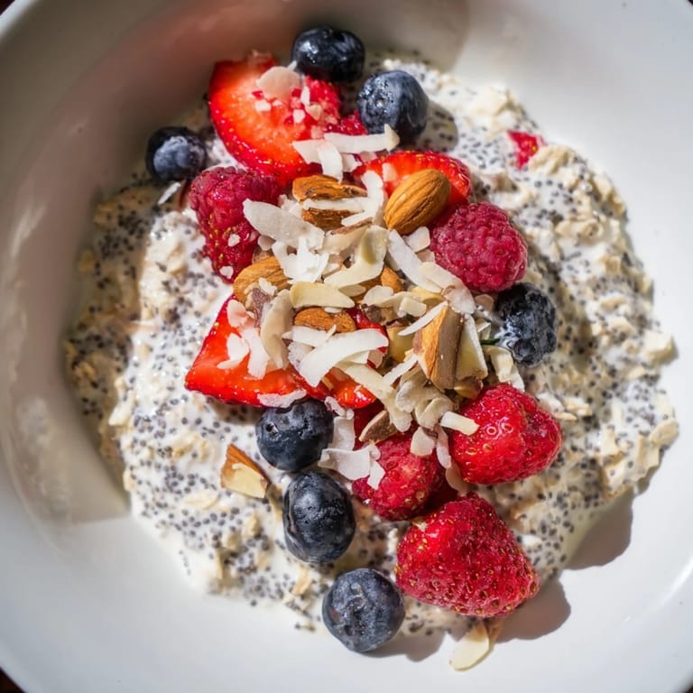 A vibrant bowl of overnight oats with berries, showing the fresh fruit atop the creamy oats.