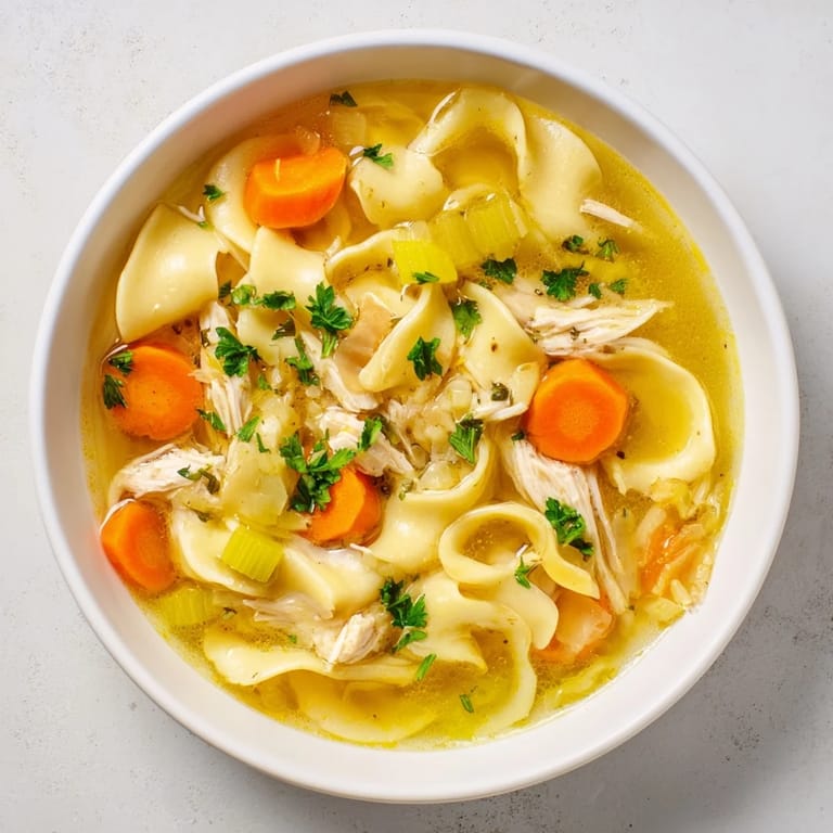 A large spoonful of homemade Cozy Chicken Noodle Soup overflowing with hearty vegetables and noodles.