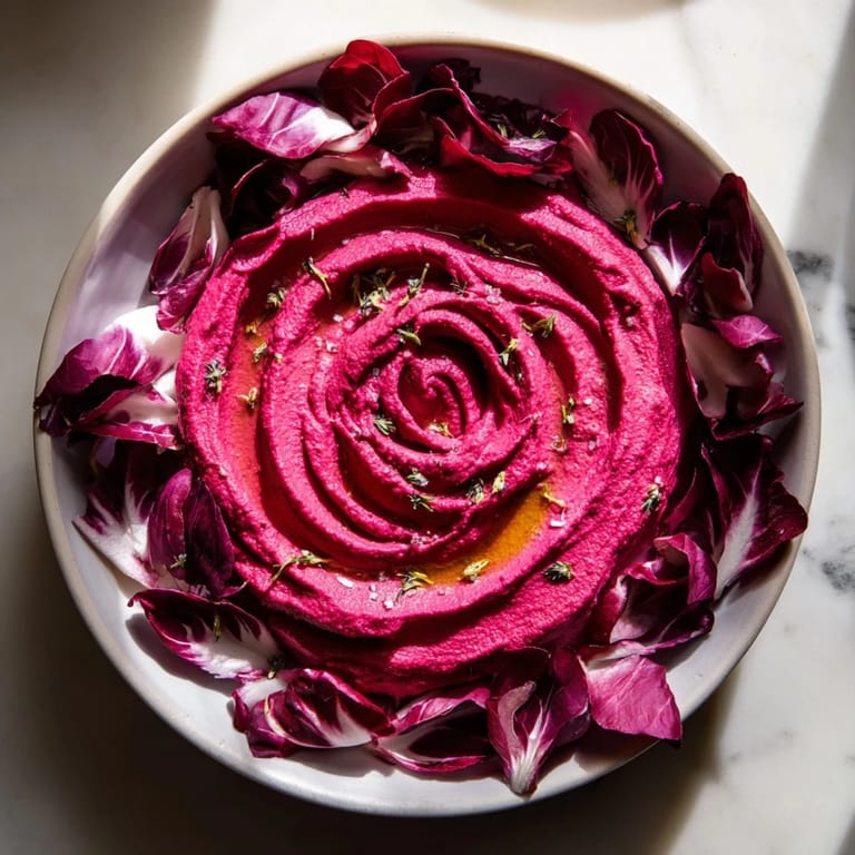 The Velvet Rose: a vegan appetizer featuring colorful beet hummus formed into elegant rose shapes.