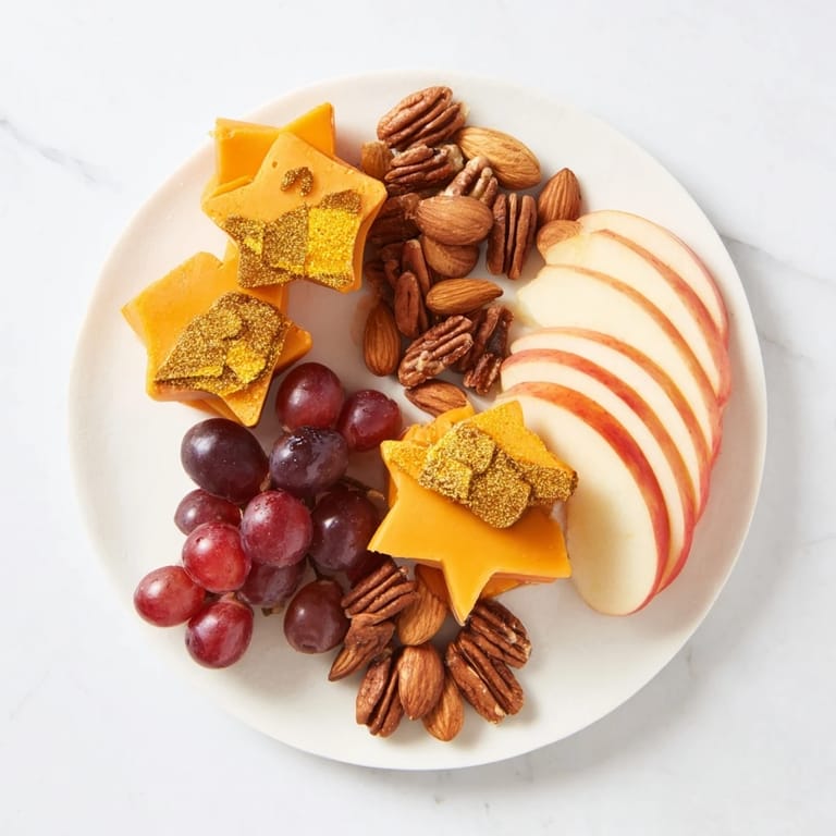 See the elegant presentation of this Gilded Acorn board, with glistening gold almonds and vibrant cheese cutouts.