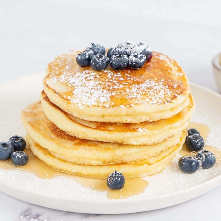 A stack of Light and Fluffy Ricotta Pancakes, perfectly cooked with a creamy, ricotta-infused batter.