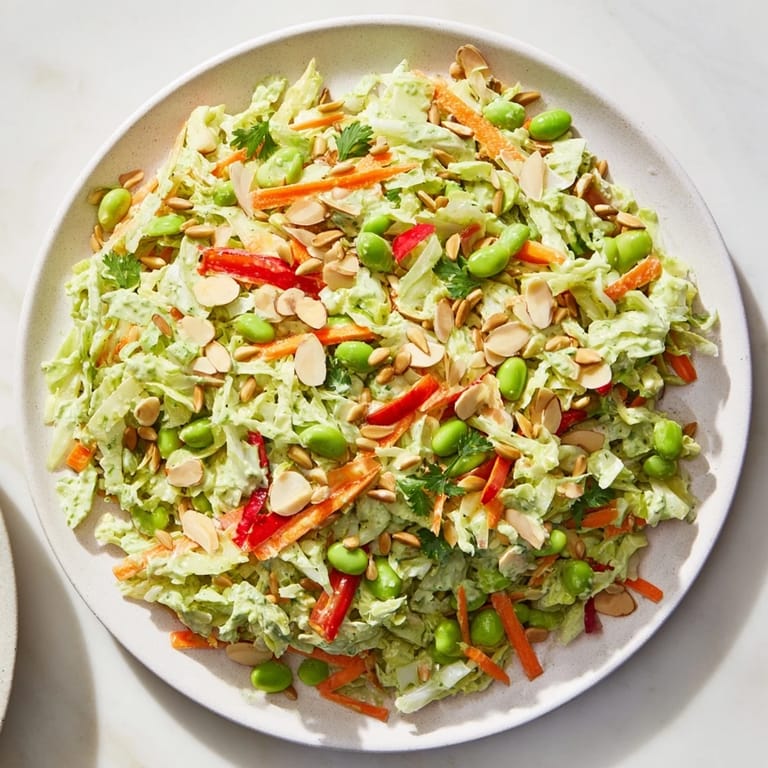 Vibrant Green Goddess dressing coats this Crunchy Cabbage and Edamame Salad, perfect for a light vegetarian meal.