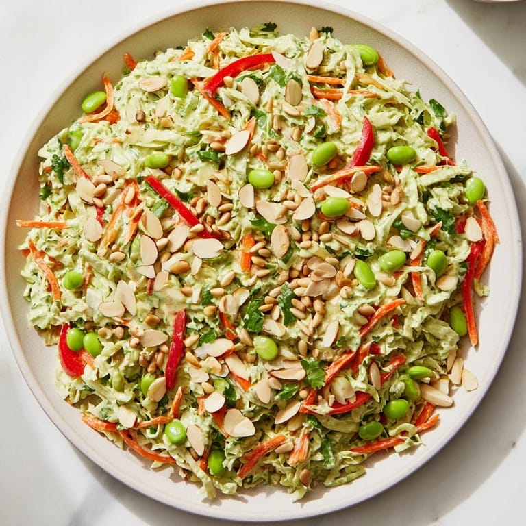 A refreshing bowl of Crunchy Cabbage and Edamame Salad, garnished with toasted almonds and fresh herbs.