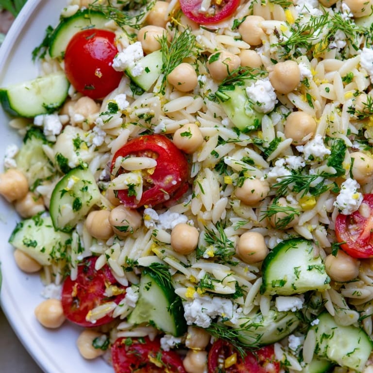 Tossed Greek Lemon-Orzo Bean Salad with a zesty lemon vinaigrette, ideal for a summer side dish.