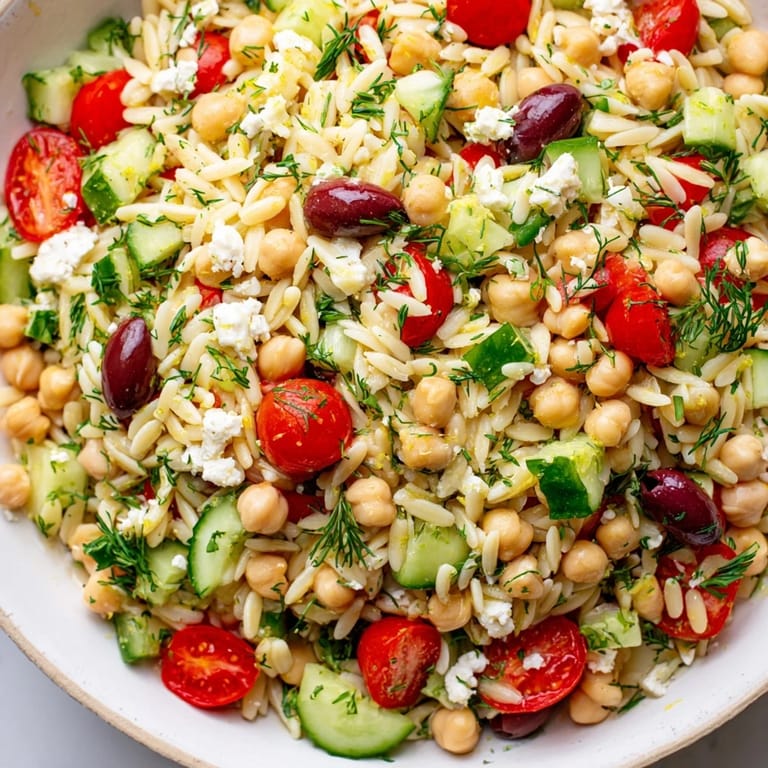Showcasing a beautiful bowl of Greek Lemon-Orzo Bean Salad, bursting with fresh Mediterranean flavors.