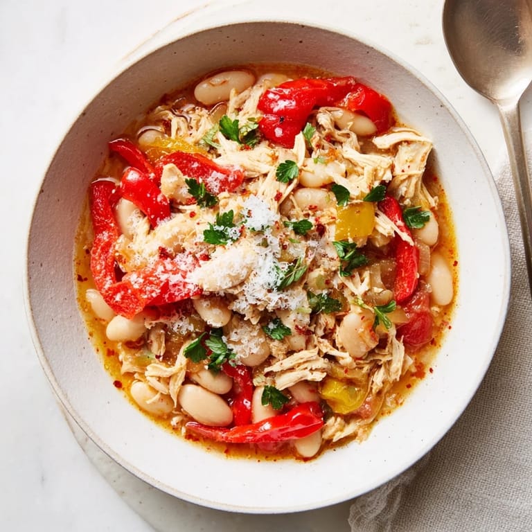 Close up revealing a savory bowl of White Bean and Roasted Red Pepper Chicken, garnished with fresh parsley.