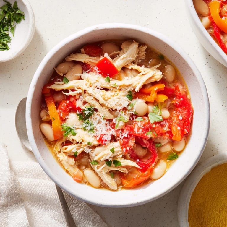 A steaming pot of White Bean and Roasted Red Pepper Chicken, rustic and inviting, ready to be served.