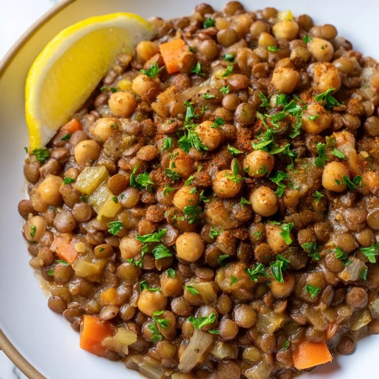A flavorful spoonful of Middle Eastern lentil and chickpea stew, perfect for a cozy, vegan dinner.