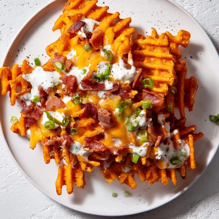 Close-up of savory Loaded Sweet Potato Fries, featuring bacon crumbles and fresh green onion garnish.