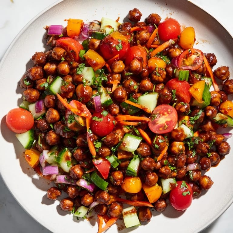 A colorful bowl of BBQ Chickpea Salad showcasing tender chickpeas and vibrant, crisp veggies.