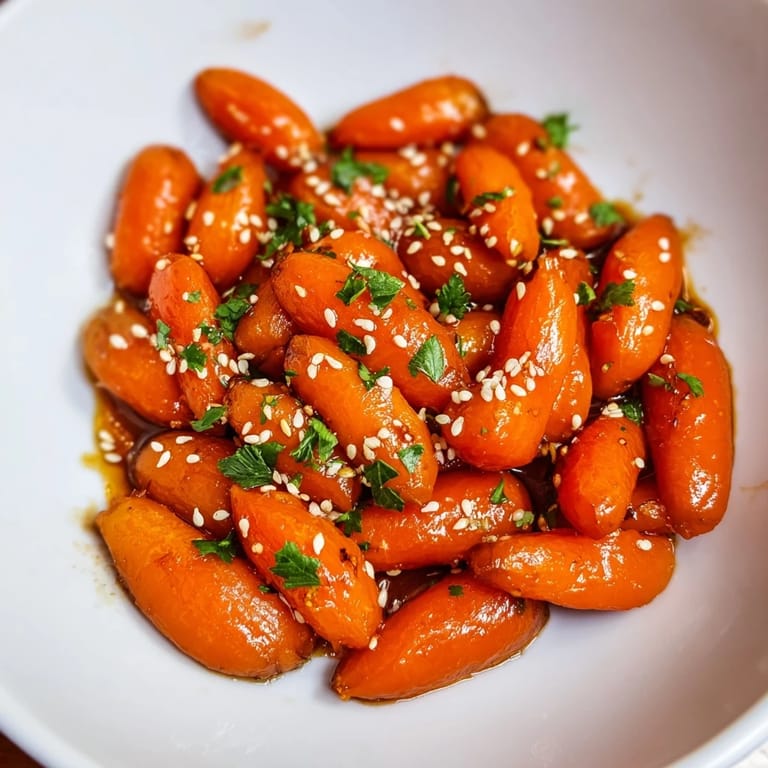 Vibrant orange honey soy roasted carrots, a sweet and savory vegetarian delight, ready to be enjoyed.